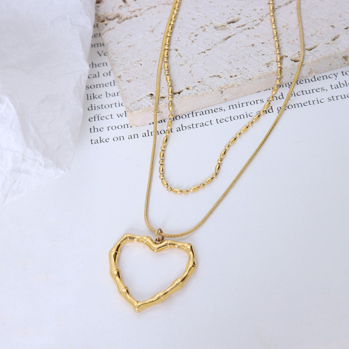 Vintage Double Layer Hollow Big Heart Pendant Necklace Gold Color Metal Chains Necklaces for Women Fashion Jewelry