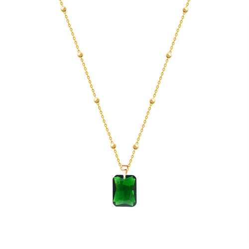 European Simple Square Green Crystal Pendant Clavicle Chain Necklace Women Classic Plating 14k Gold Jewelry p573