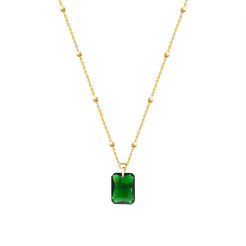 European Simple Square Green Crystal Pendant Clavicle Chain Necklace Women Classic Plating 14k Gold Jewelry