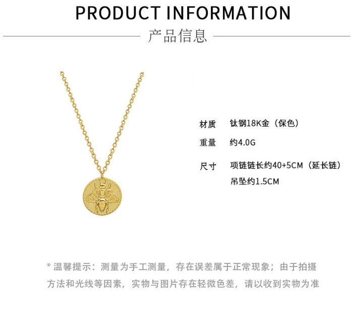 New Trendy Vintage Stainless Steel with 18k Gold Plating None Fade Insect Bee Coin Necklaces for Women