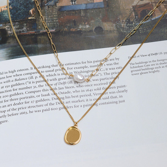 Double Layer Round Pearl Pendant Necklace Gold Color Bead Chain Charm Necklace for Women Jewelry