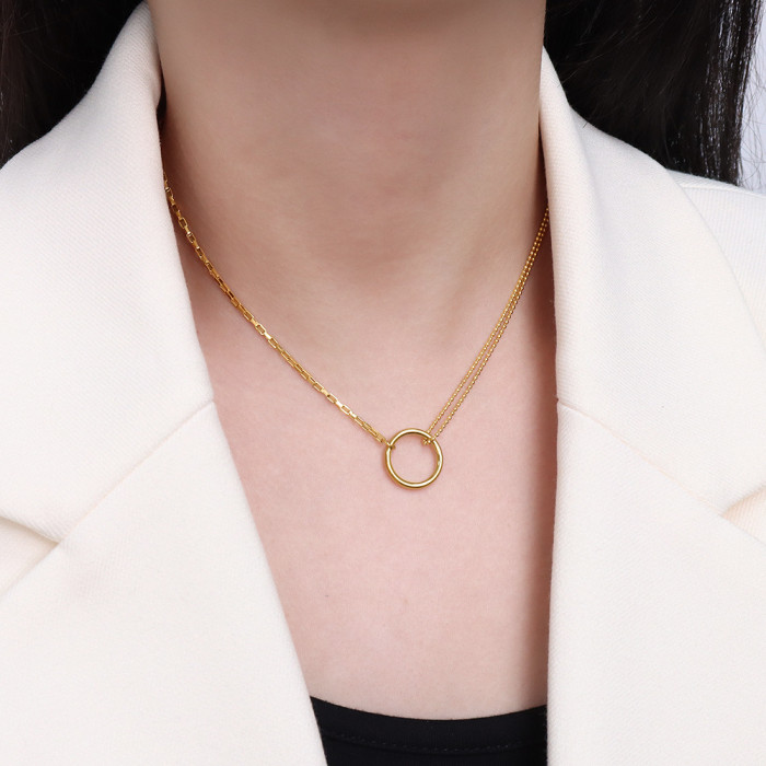 Double Chain Circle Necklace Gold Color Pendant Necklaces Fashion Clavicle Chains Statement Necklace Women Jewelry