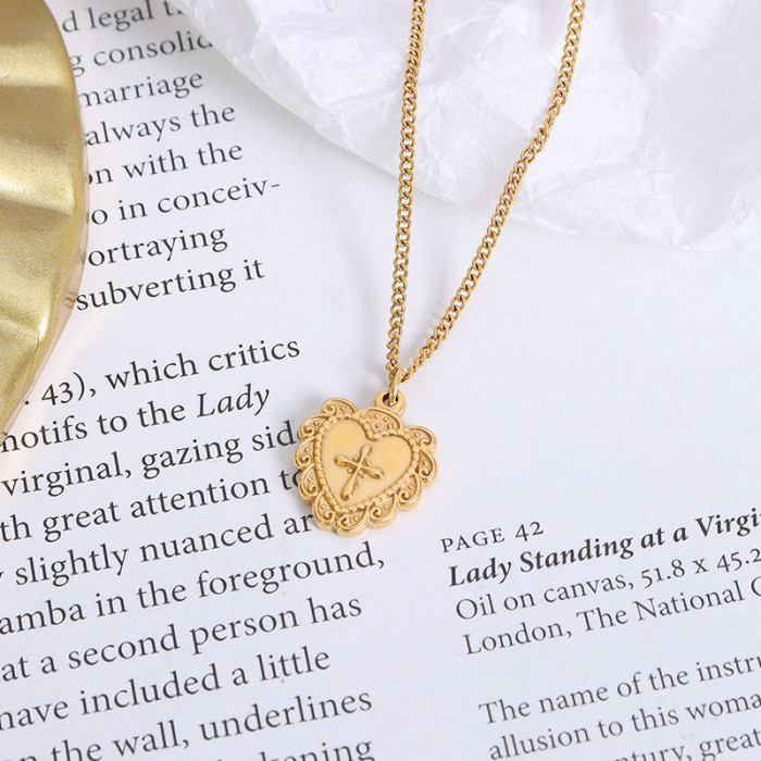 Stainless Steel Heart shaped Relief Cross Necklace Plated Gold Minimalist Pendant For Women's Decoration Gothic Style Jewellery