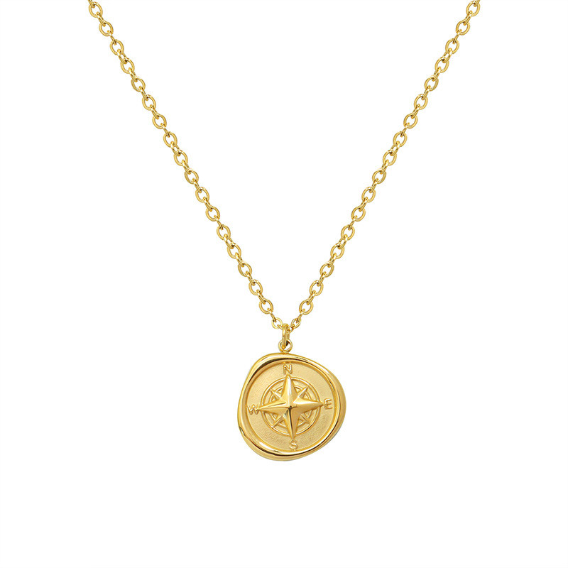 Hip Hop Rock Women Men Gold Compass Pendant Necklace Vintage Stainless Steel Round Coin Fashion Chain Jewelry