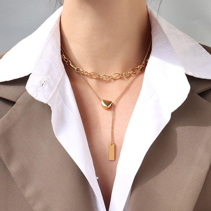 Simple Style Multi Layer Golden Bean Necklaces Square Tassel Pendants for Women Party Jewelry Gifts