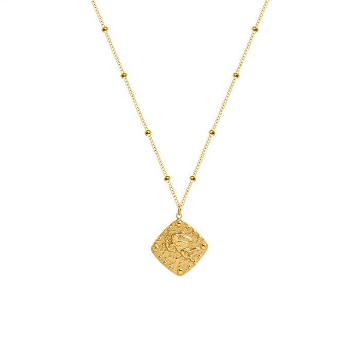 Stainless Steel Gold Plated Rivet Cupid Square Embossed Texture Small Square Figaro Necklace