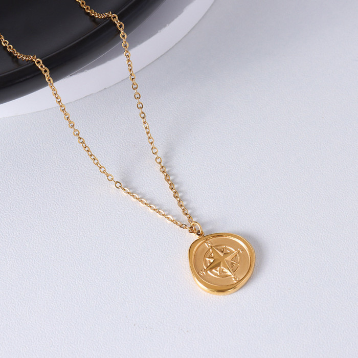 Hip Hop Rock Women Men Gold Compass Pendant Necklace Vintage Stainless Steel Round Coin Fashion Chain Jewelry