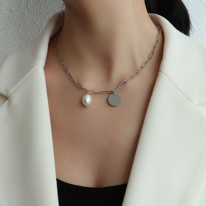 Stainless Steel Pearl Pendant Necklaces Double Layer Vintage Round Charm Clavicle Chain Hip Hop Choker For Women Jewelry Gifts