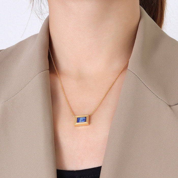 French Style Square Oil Painting Lapis Lazuli Pendant Necklace Clavicle Chain Retro Luxury Commuter