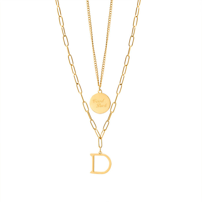 Double Layer Necklace Femme Stainless steel Round Card Good Lucky Letter D Pendant Necklace Jewelry For Women Trendy