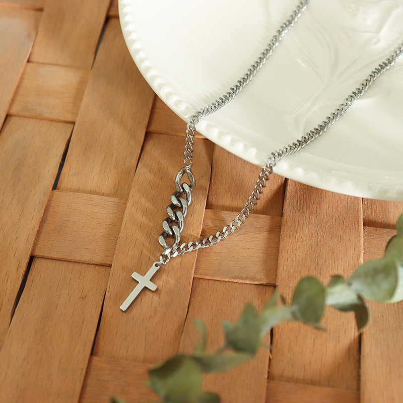 Simple Classic Fashion Double Sided Cross Antique Silver Color Pendant Girl Splicing Chain Necklaces Jewelry for Women