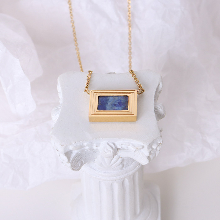 French Style Square Oil Painting Lapis Lazuli Pendant Necklace Clavicle Chain Retro Luxury Commuter