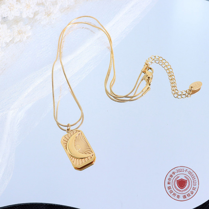 INS Fashion Simple Geometric Moon Pendant Necklaces 18k Gold Plated Embossed Square Charm Necklace