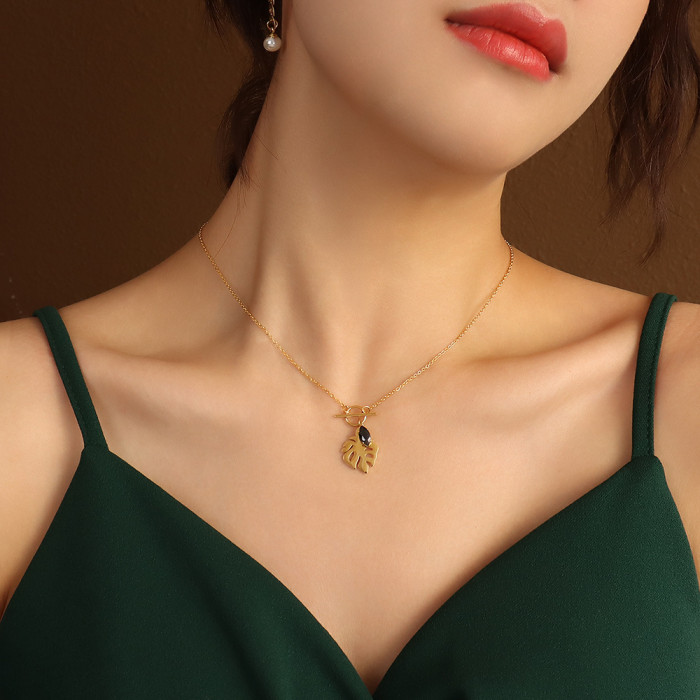 Stainless Steel Gold Leaf Pendant Necklaces with Black Zircon Stone Circle Bar Charms Clavicle Choker Necklaces for Women Gift