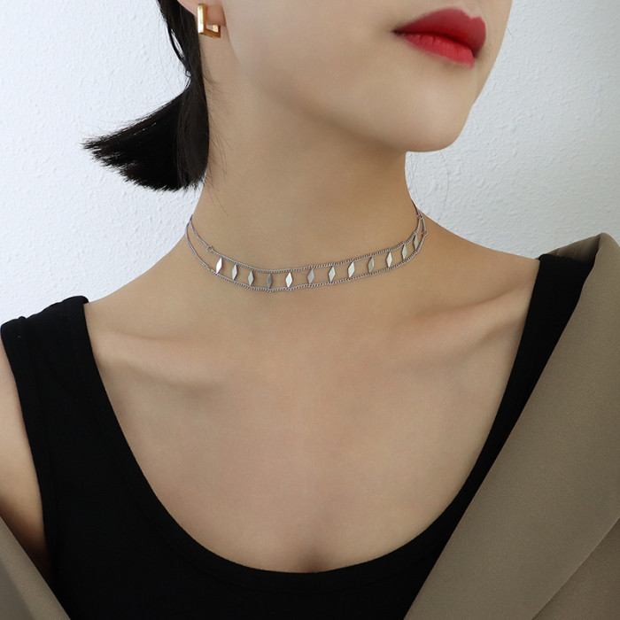 Double Layer Choker Necklace for Women Rombus Disc Chain Necklace Jewelry