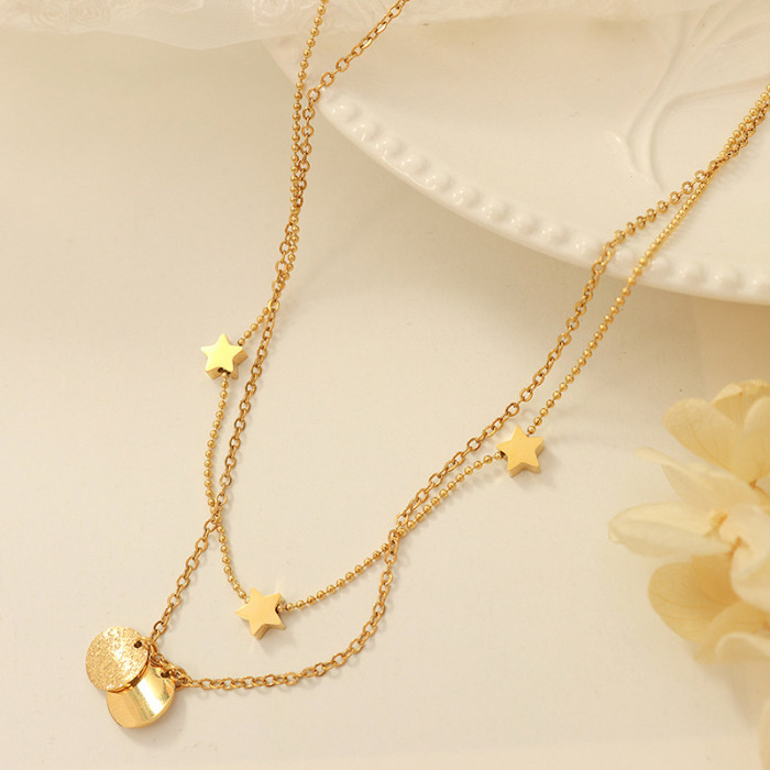 Necklace Multi Layered  Women Necklace Round Five Pointed Star Pendant Choker Gold Color Necklace Girl Party Wear Gift Jewelry