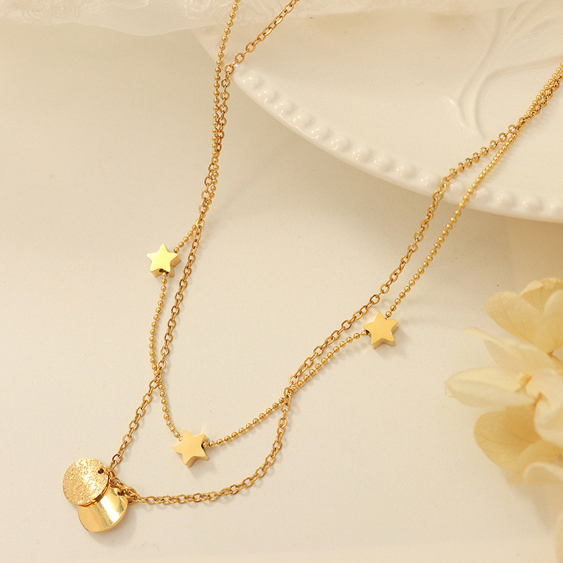 Necklace Multi Layered  Women Necklace Round Five Pointed Star Pendant Choker Gold Color Necklace Girl Party Wear Gift Jewelry