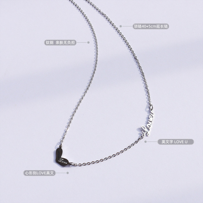 Peach Heart Pendant Titanium Steel Necklace English Love U Temperament Delicate Women Jewelry
