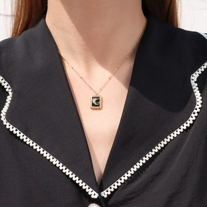 Vintage Gold Moon Black Enamel Square Pendant Necklace for Woman Trendy Anniversary Jewelry