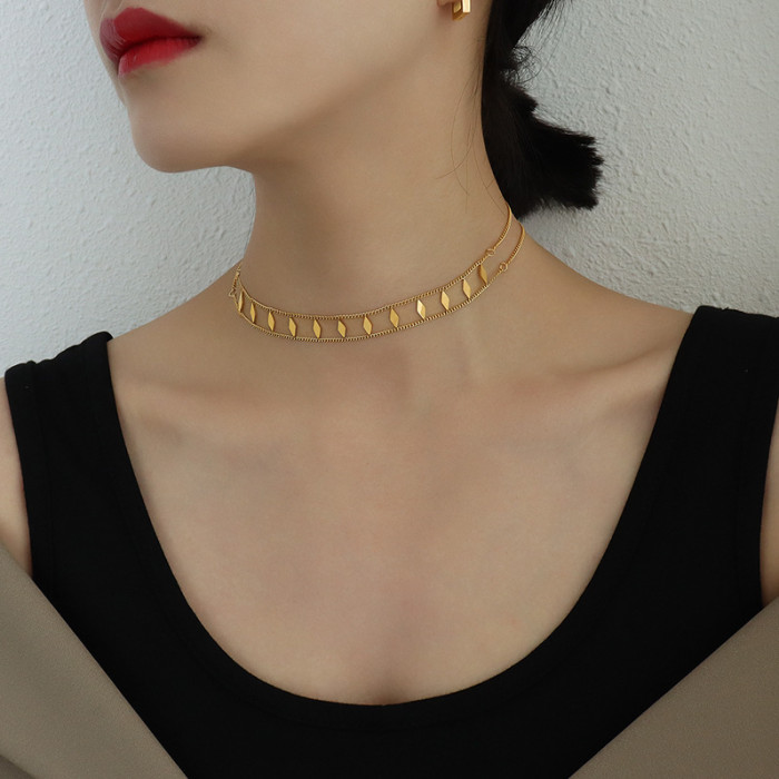 Double Layer Choker Necklace for Women Rombus Disc Chain Necklace Jewelry