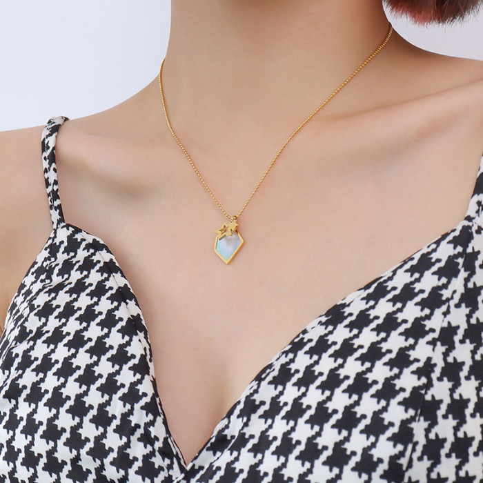Geometric Irregular Shell Star Pendant Necklace for Women 18k Gold Plated Stainless Steel Bead Chain Necklace Chokers