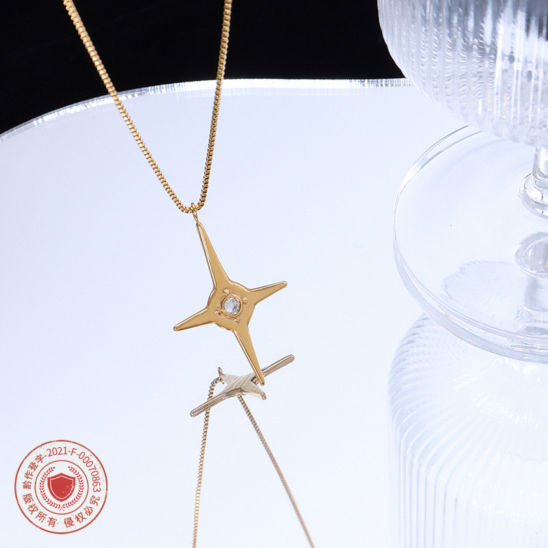 Micro Inlaid Zircon Four Pointed Star Necklace Female Fashion All Match Clavicle Chain