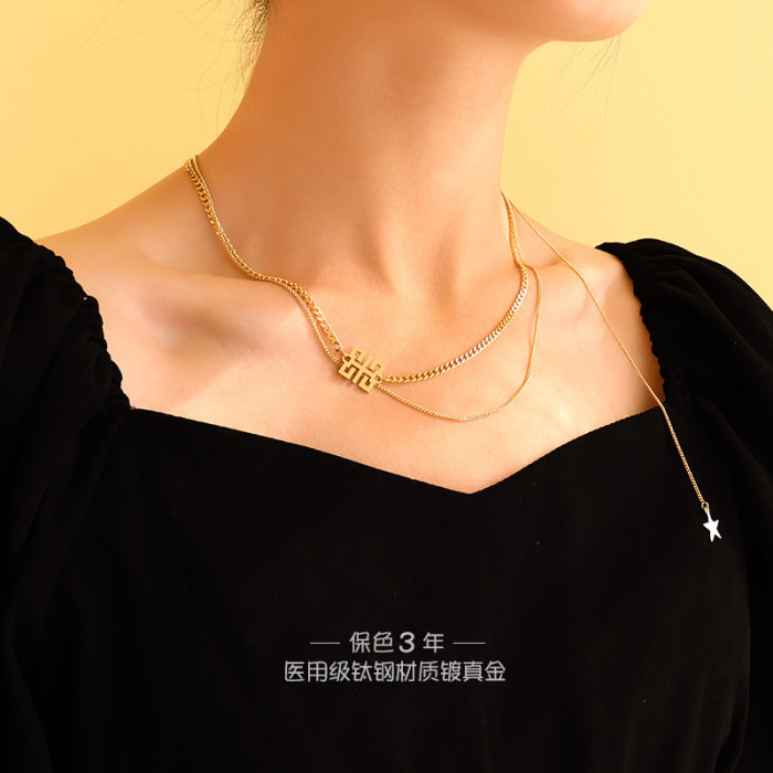 Stainless Steel Jewelry Super Long Tassel Pentagram Double Layer Stacked Necklace Women's Fashion Clavicle Chain