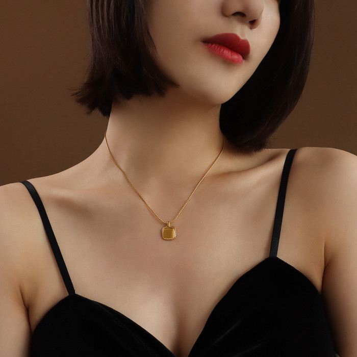 Women Stainless Steel Gold Plate Necklace Square Charm Water Wave Chain Mom Jewelry Gift