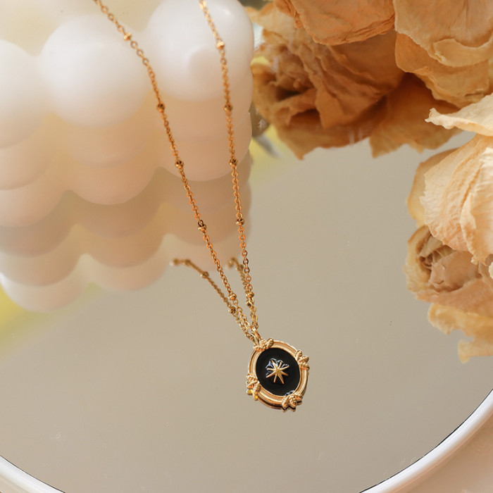 Ladies Vintage Jewelry 316L Stainless Steel 18K Gold Baroque Black Enamel Eight Awn Star Oval Pendant Necklaces for Women