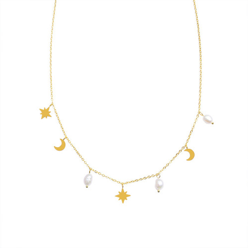 Trendy Star Moon Pearl Choker Necklace for Women Stainless Steel Fashion Necklace Gold Color Metal Jewelry Accessories New