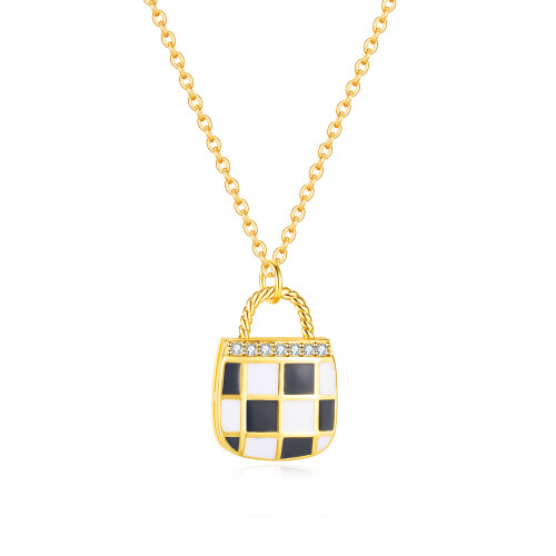 Women Necklace Handbag Shape Zircon Black White Plaid Chessboard Enamel Pendant Necklace Women Jewelry