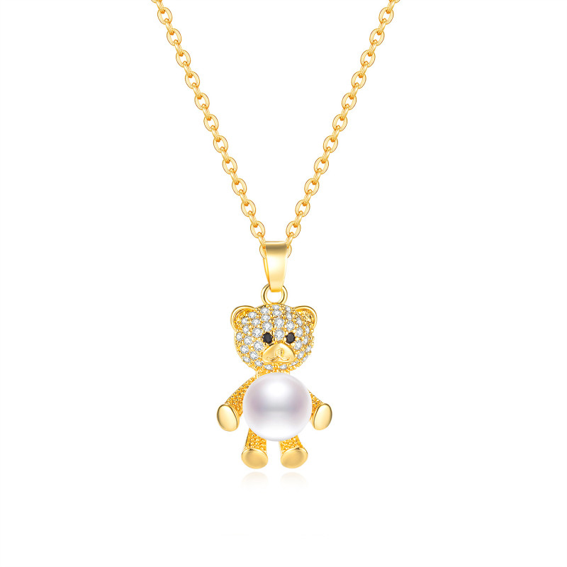 Copper CZ Animal Bear Pendant Necklace White Stone Pearls Gold Chain Necklace Jewelry for Women
