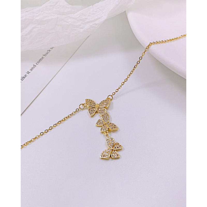 Zircon Three Butterfly Pendant Necklace For Women Fashion Korean Jewelry Statement Necklace Simple Clavicle Chain Female Gift