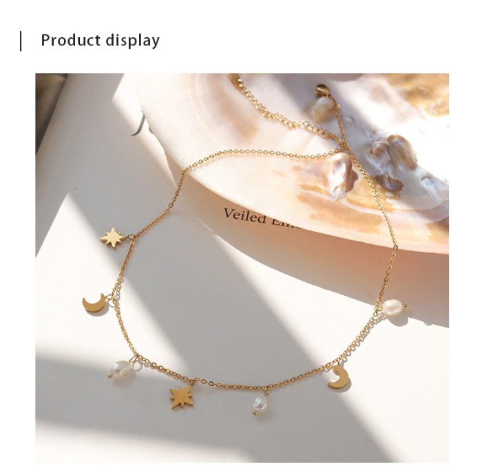 Trendy Star Moon Pearl Choker Necklace for Women Stainless Steel Fashion Necklace Gold Color Metal Jewelry Accessories New