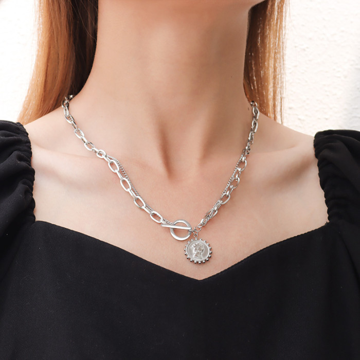Stainless Steel Jewelry Queen Wave Edge Double Layer OT Buckle Women's Fashion Double Layer Stacked Necklace