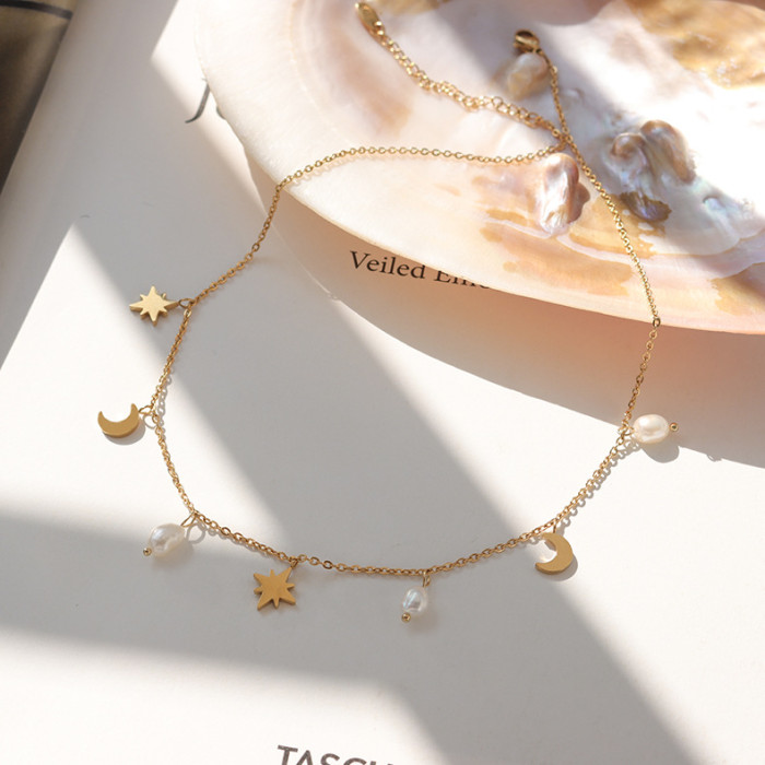 Trendy Star Moon Pearl Choker Necklace for Women Stainless Steel Fashion Necklace Gold Color Metal Jewelry Accessories New