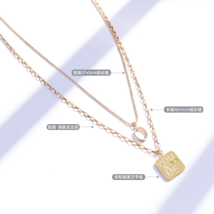 Double Layered Choker Letters Square Charm Pendant Necklace Stainless Steel Necklaces for Women Men Accessories Chain Necklace