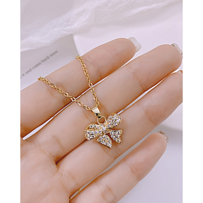 316L Stainless Steel Zircon Bow Necklace Korean Version Simple Ladies Clavicle Necklace Party Jewelry Decoration Gift