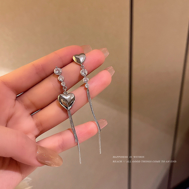 Silver Color Asymmetric Metal Heart Long Tassel Earrings for Women Geometric Dangle Earring Jewelry