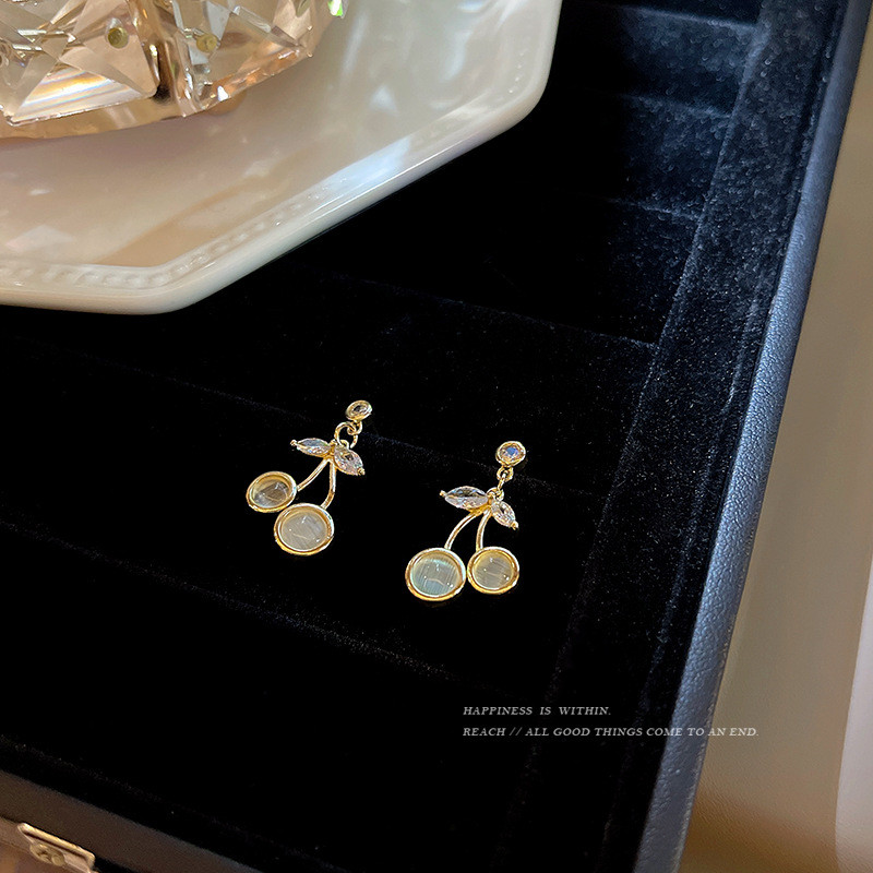 Opal Cherry Earrings Female Fresh and Stylish Simple Fruit Earrings Creative Design Earrings