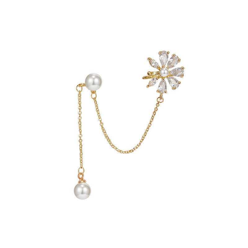 New Fashion Simple Snowflake Shape Clip on Earrings Pearl Long Chain Tassel Earring Wholesale for Women No Hole Ear Clip