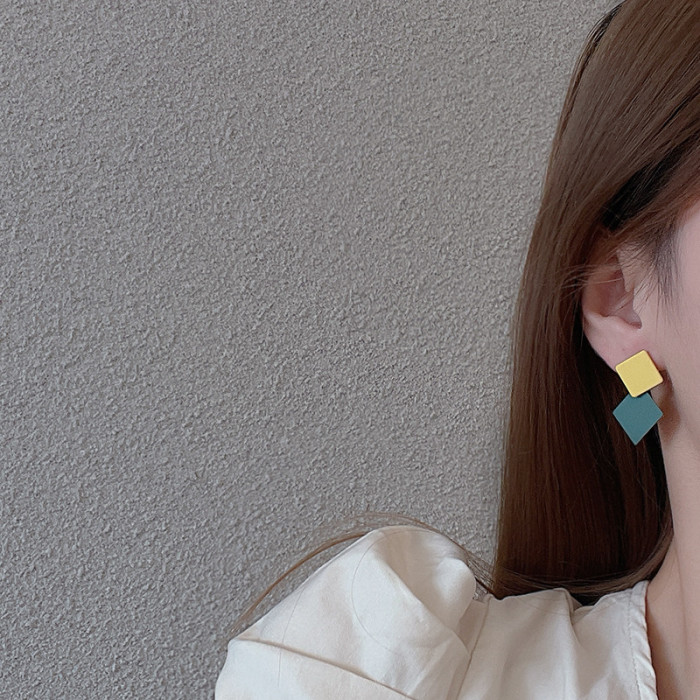Geometric Vintage Colorful Enamel Double Square Glaze Stud Earrings for Women Fashion New Cute Stud Ear Clip Women Jewelry
