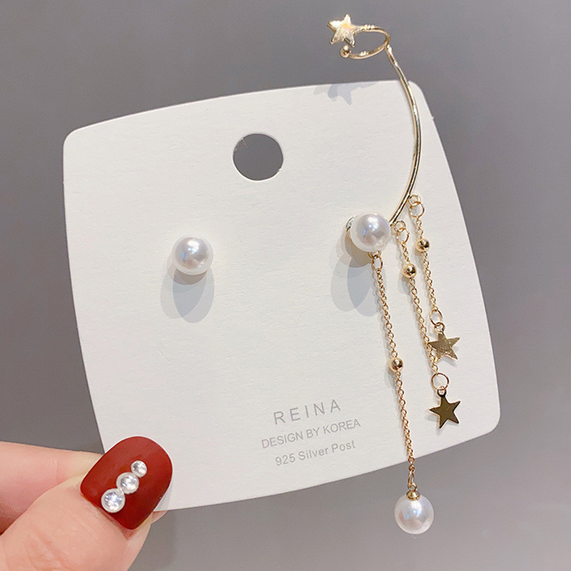 Gold Long Punk Style Pearl Asymmetrical Star Tassel Earrings Ear Bone Clip Wholesale Earing Jewelry