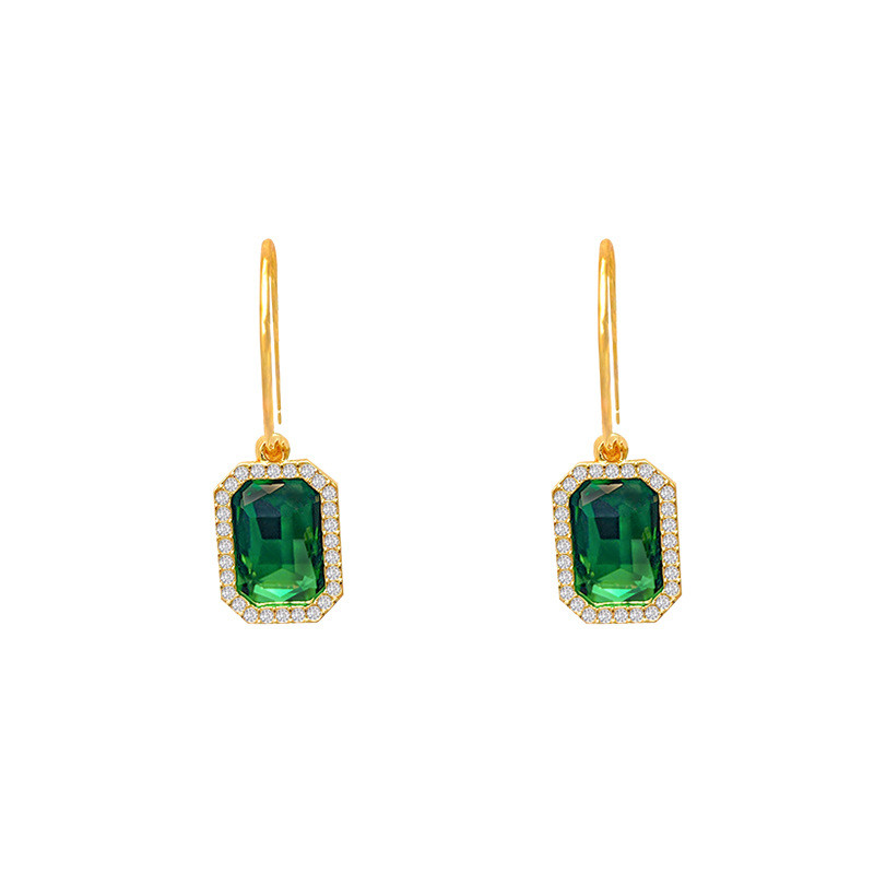 Simple Retro Green Square Cubic Zirconia Dangle Hook Earrings with Gold Color for Women Girl Fashion Jewelry