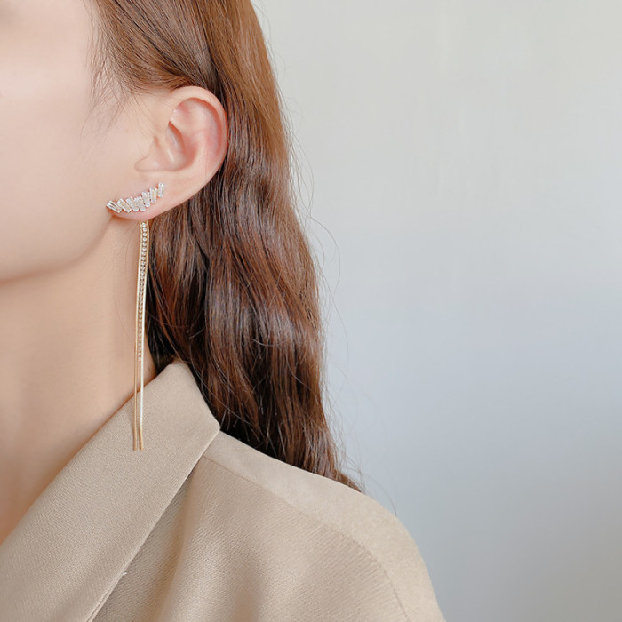 2022 New Korean Version Full Rhinestone Long Tassel Earrings Women's Simple Gold Silver Party Jewelry Beautiful Gifts