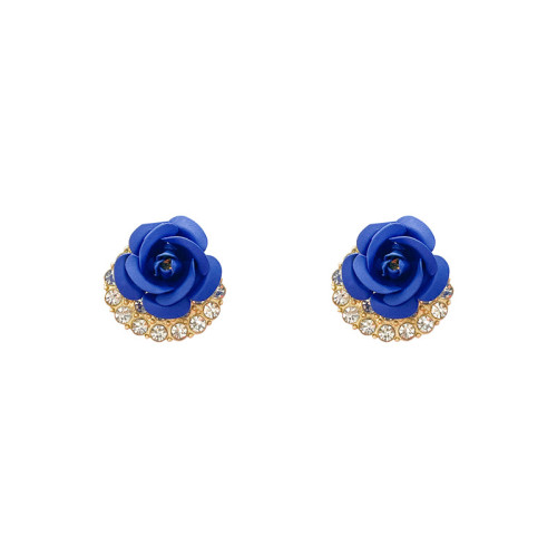 Rose Flower Stud Earrings for Women Fashion Blue Black Round Bouquet Crystal Wedding Flower Rhinestone Jewelry Earring Gift