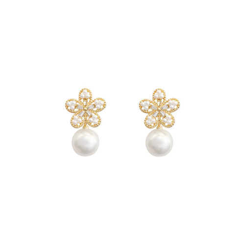 Super Fairy Flower Rhinestone Imitation Pearl Simple Temperament Personality Earrings Female Jewelry