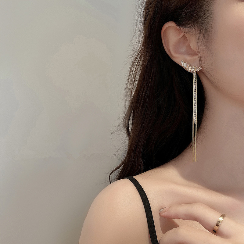 2022 New Korean Version Full Rhinestone Long Tassel Earrings Women's Simple Gold Silver Party Jewelry Beautiful Gifts