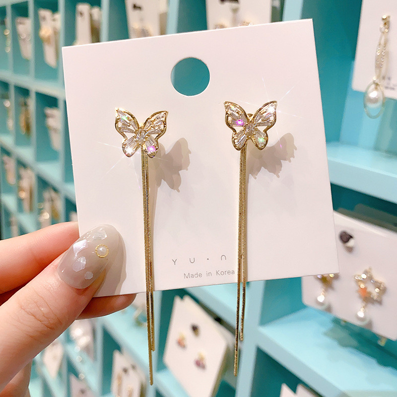 Korean Style Long Butterfly Earring For Women Crystal Zircon Tassel Drop Earrings Girl Lady Elegant Fashion Ear Jewelry