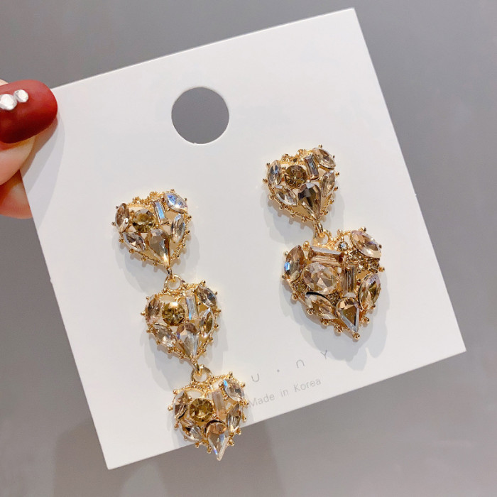 Baroque Full Diamond Love Earrings Asymmetric Long Exaggerated Temperament Luxury Jewelry 1899